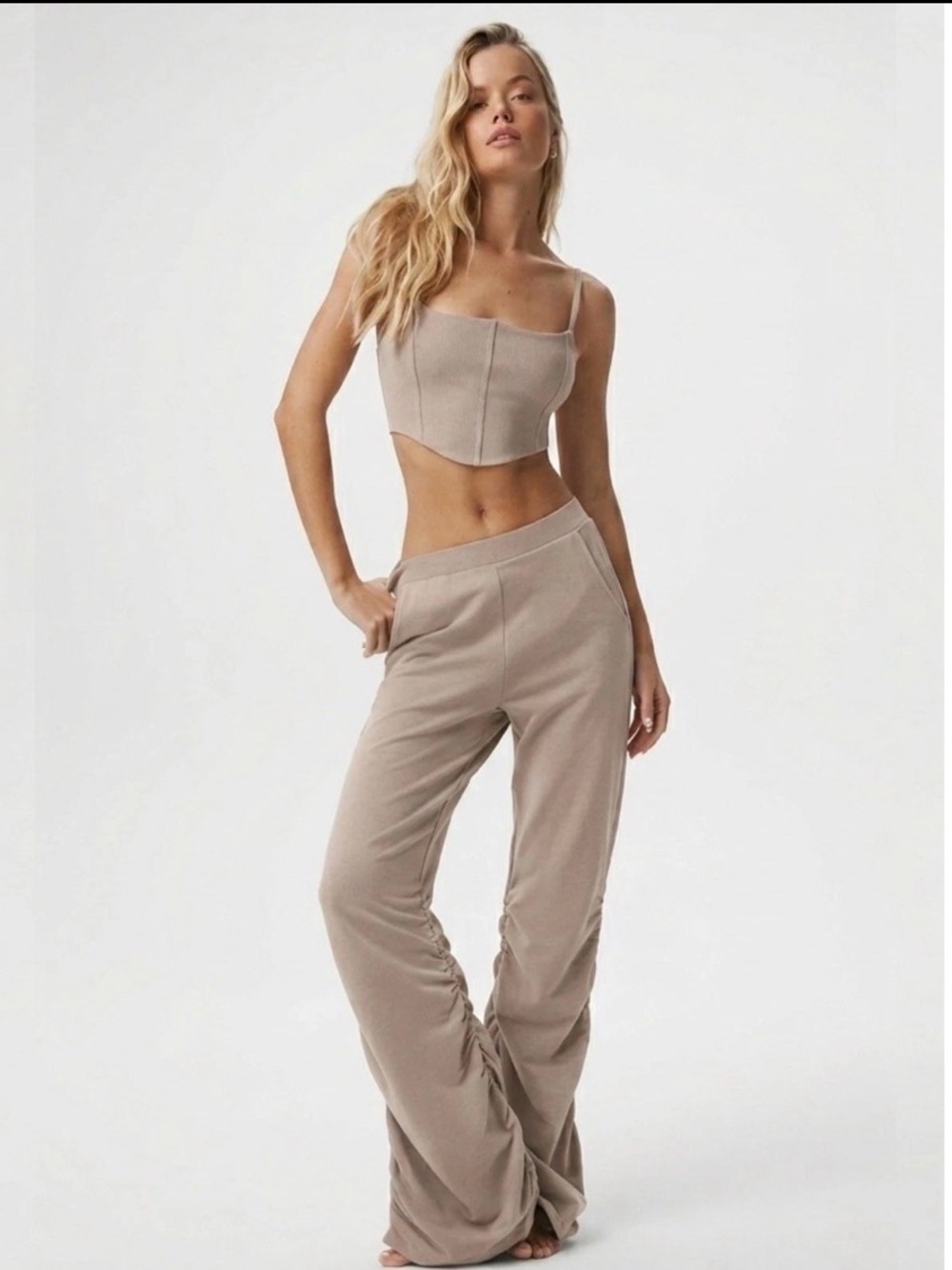 Alo Yoga Taupe Ruched Soft Sculpt Wide Leg Flare Pants Small